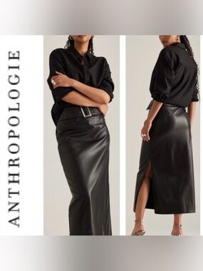 Anthropologie Black Faux Leather Maxi Skirt with Bold Belt